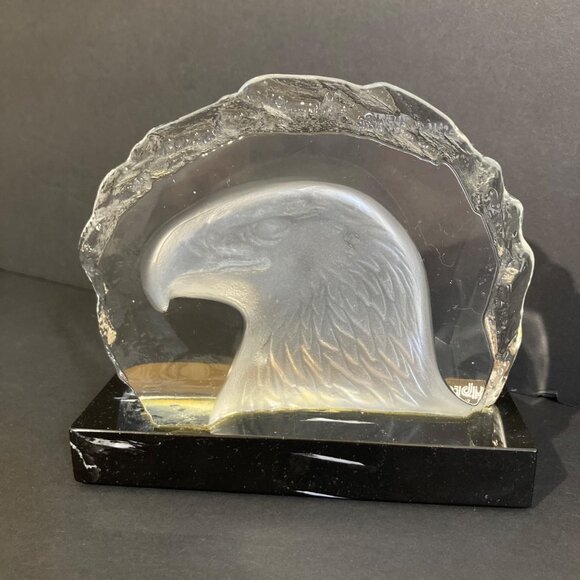 Vintage NYBRO Art Glass Crystal EAGLE Paperweight On Marble With Brass Plaque - Picture 2 of 6